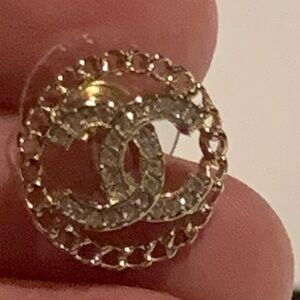 CHANEL authentic brand new Gold and Silver Logo Earrings with crystals , box